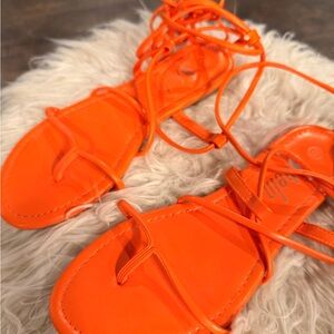 SHEIN Bright Orange Lace-Up Toe-Loop Flat Sandals